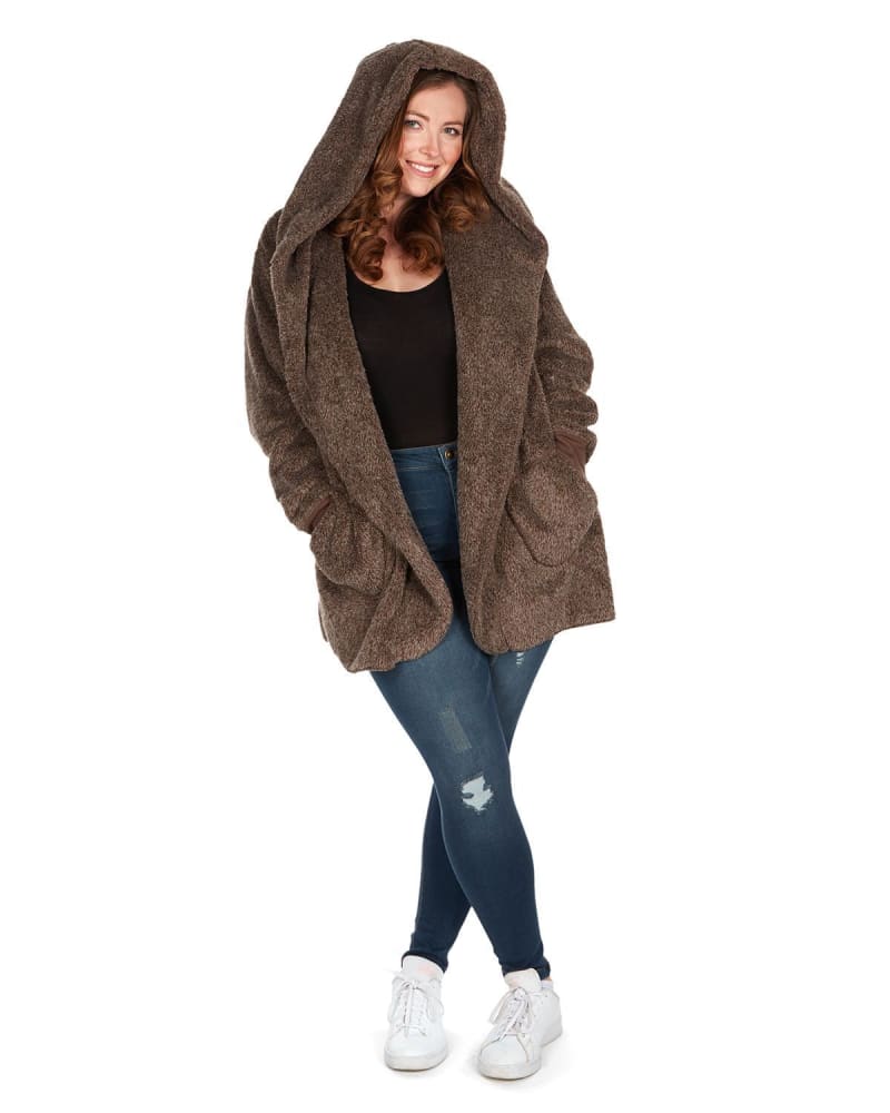 Front of a model wearing a size L-XL Women's Marled Plush Hooded Lounge Sweater with Shawl Collar in Pebble Brown by Memoi. | dia_product_style_image_id:299876